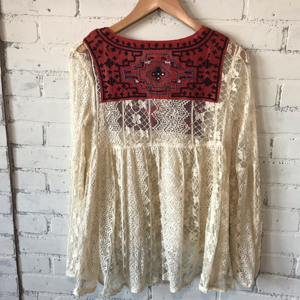 Free People Cream Flowy Lace Top with Red Embroidery - Picture 3 of 8